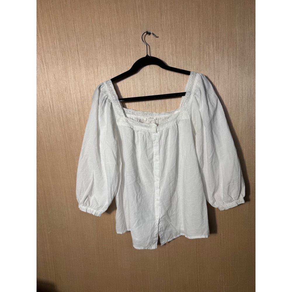 Neuflora White Cotton Lace Trim Square Neck Puff Sleeve Button Front Blouse L